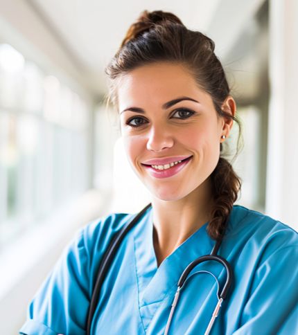 A young Patient Care Coordinator wearing blue medical scrubs and a stethoscope smiles confidently while standing in a brightly lit hallway.