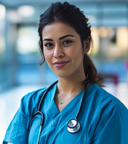 A young Patient Coordinator wearing blue medical scrubs and a stethoscope smiles confidently in a bright, modern hospital setting.