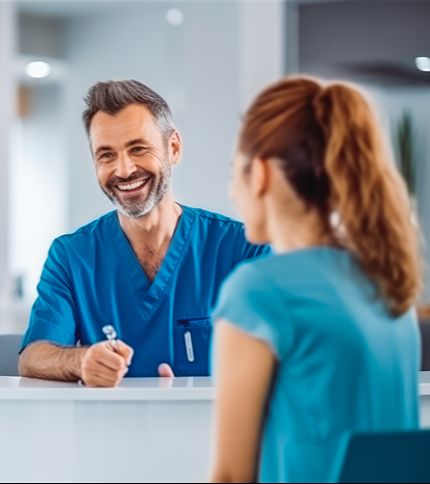 A smiling male healthcare professional in blue scrubs talks with a patient and a Patient Services Representative across a desk in a bright, modern medical office.