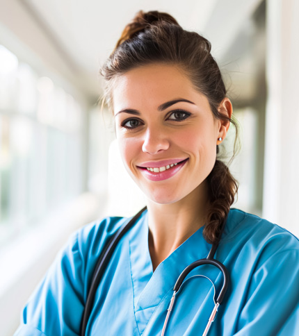 A smiling female healthcare professional in blue scrubs with a stethoscope around her neck stands in a brightly lit hallway, ready to support patients and explore new pharmacy careers.