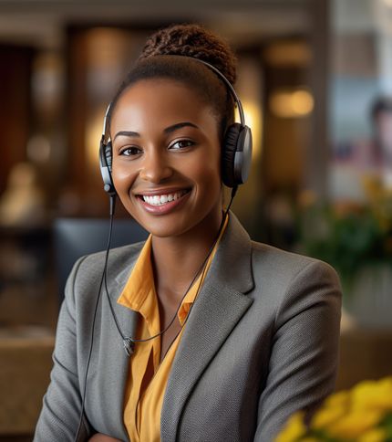 A smiling woman wearing a headset and a gray blazer sits in an office environment, suggesting she is working as a reservation agent or supporting customers as a transportation ticket agent.