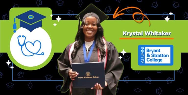 A smiling graduate in cap and gown holds a diploma. Text reads "Krystal Whitaker" and "Bryant & Stratton College Alumni." Graphics include a heart with a stethoscope and a graduation cap.