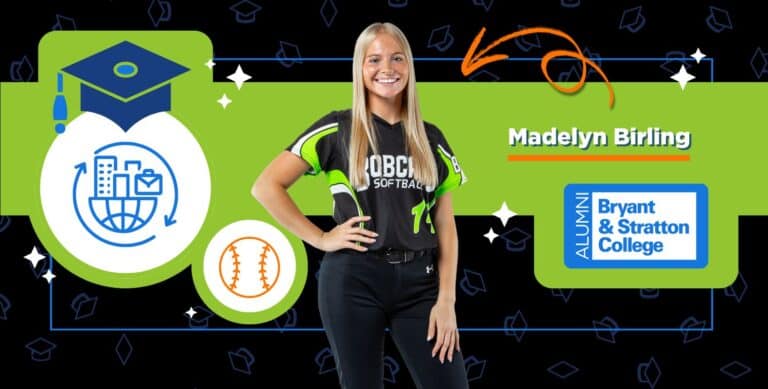 A young student-athlete in a softball uniform smiles, standing before graphics featuring a graduation cap, a softball, and the Bryant & Stratton College alumni logo. Her name, Madelyn Birling, appears in bold text.