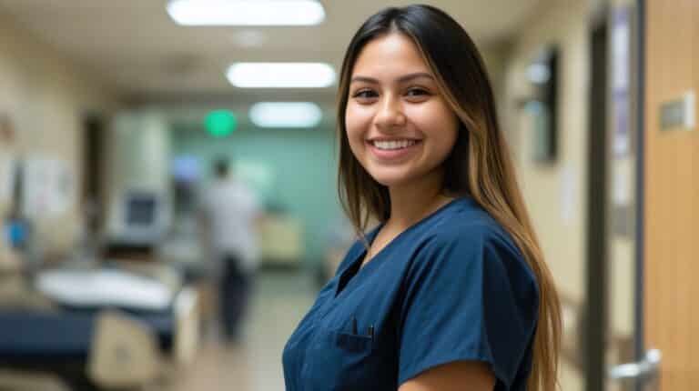 Cheerful Young CNA Committed to Patient Care Surrounded by a Vibrant Medical Environment