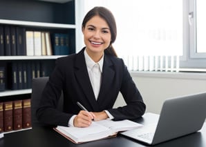 A smiling woman in a business suit sits at a desk with an open notebook and pen, working on paperwork. A laptop is in front of her, and bookshelves with binders are in the background.