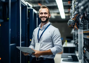 A smiling man wearing a badge and holding a tablet stands in a server room, surrounded by server racks and network cables. He appears to be an IT professional or network engineer.