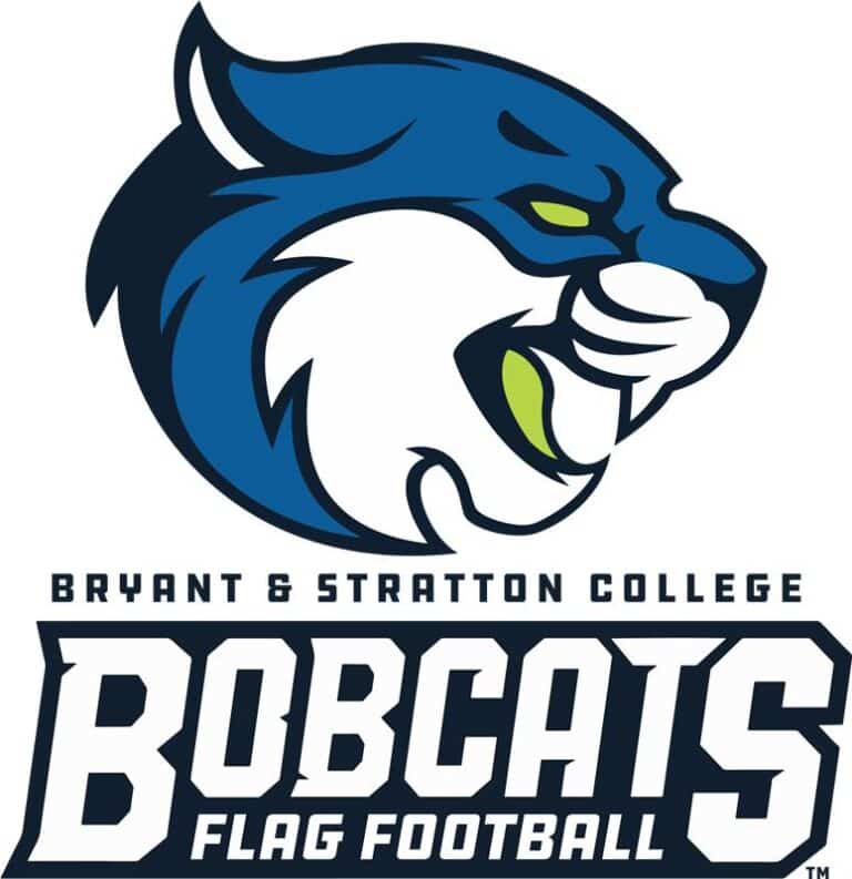 Logo of Bryant & Stratton College Liverpool Campus featuring a stylized blue bobcat head above the words "BRYANT & STRATTON COLLEGE BOBCATS FLAG FOOTBALL" in bold, uppercase letters.
