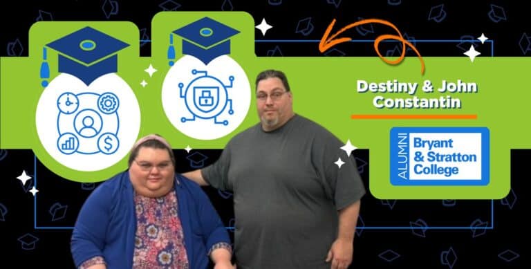 Two people pose in front of illustrated graduation caps and digital icons. Text reads "Destiny & John Constantin," celebrating Father-Daughter Students with a Bryant & Stratton College alumni badge on a green and black background.