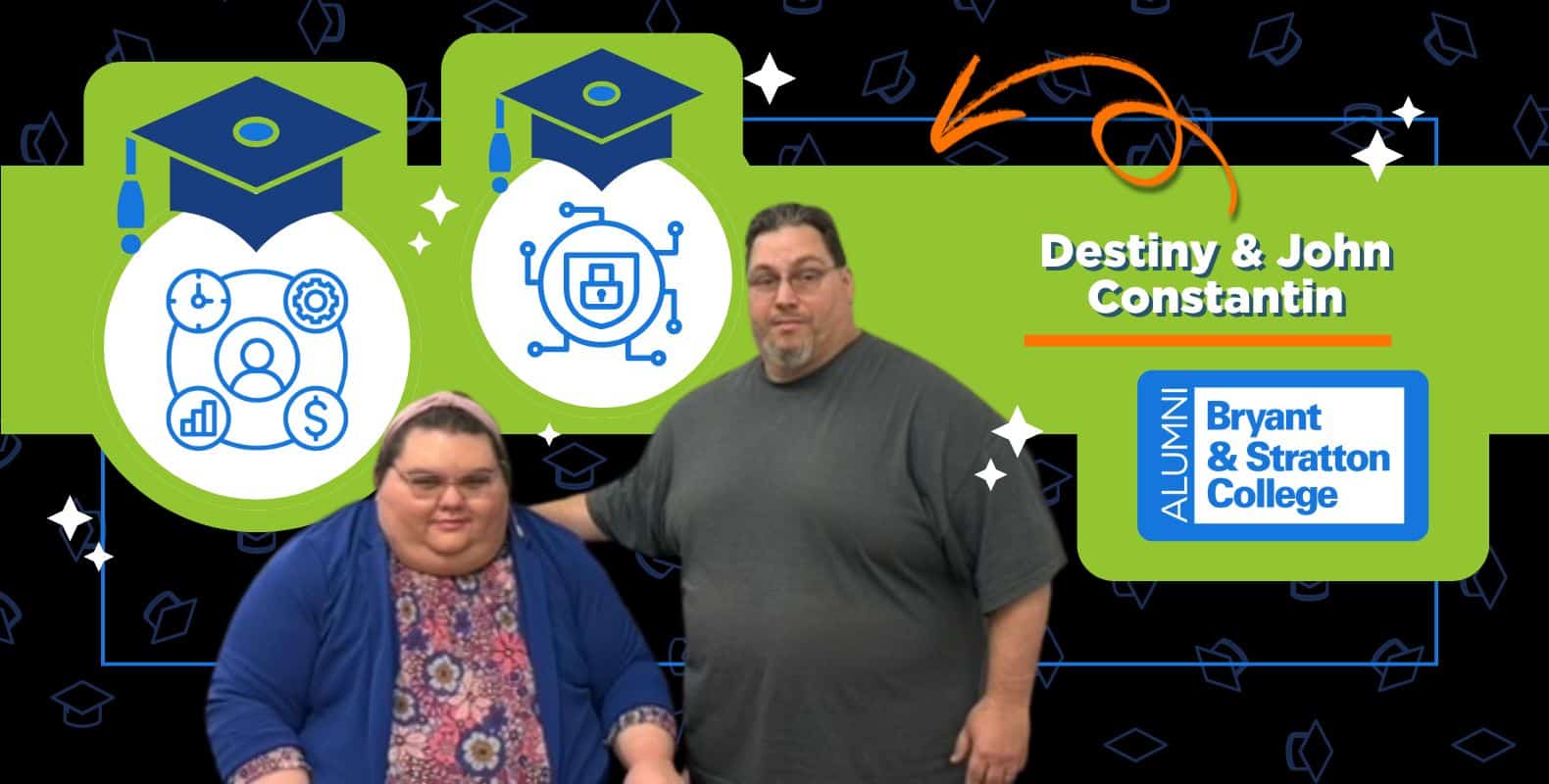 Two people pose in front of illustrated graduation caps and digital icons. Text reads "Destiny & John Constantin," celebrating Father-Daughter Students with a Bryant & Stratton College alumni badge on a green and black background.