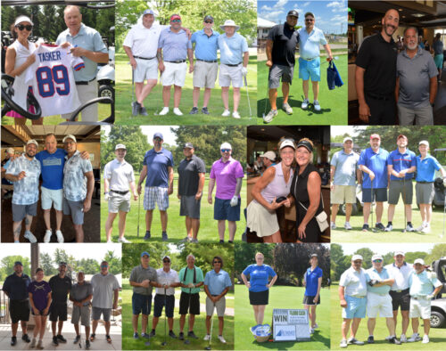 A collage of various groups of people posing together at a Golf Tournament, some holding clubs or wearing golf attire, with a mix of men and women smiling for the camera at this Greece Chamber event.