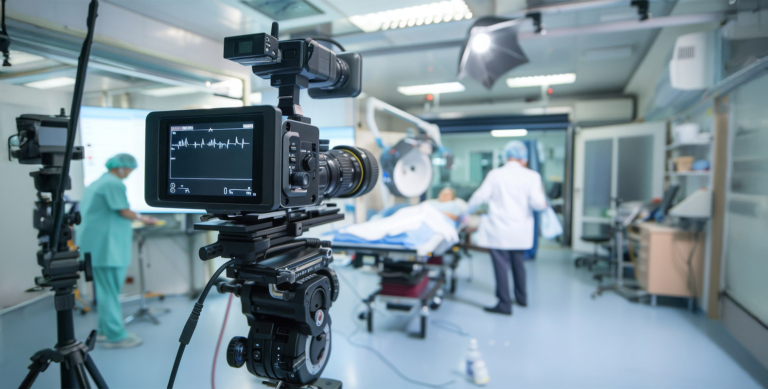 A professional video camera films a medical scene in a hospital room, with doctors and a patient in the background; the monitor displays a heart rate graph.