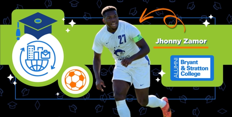 A male soccer player in a white uniform runs on a field. Text reads "Jhonny Zamor," showcasing Bryant & Stratton College alumni success, with graphics of a graduation cap, soccer ball, and global icons on a green and black background.