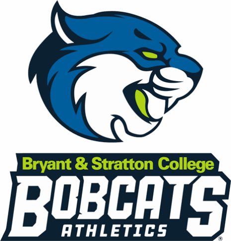 Logo for Bryant & Stratton College Bobcats Athletics, featuring a stylized blue and white bobcat head above bold text in dark blue, white, and green.