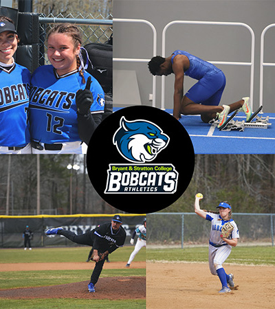 A collage featuring Bryant & Stratton College Bobcats athletes: two softball players smiling, a track runner preparing to sprint, a pitcher throwing a baseball, and an infielder ready to field. The Bobcats logo is in the center.