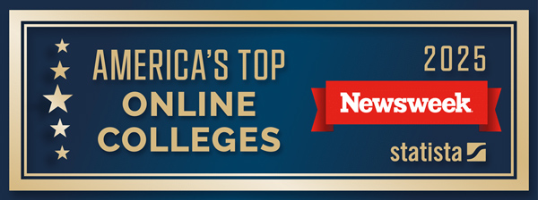 A rectangular badge with gold text reads “America’s Top Online Colleges 2025.” A red ribbon displays “Newsweek.” The Statista logo appears in the bottom right on a blue background.