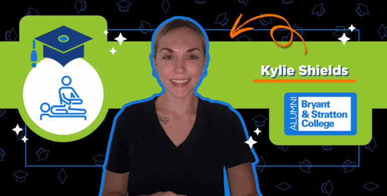A smiling woman stands in front of graphics featuring a graduation cap, a healing touch icon, and text that reads "Kylie Shields," "ALUMNI," and "Bryant & Stratton College.