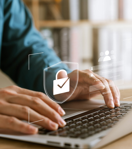 A person typing on a laptop with digital security icons, including a shield with a checkmark and login fields, symbolizing cybersecurity, secure online access, and the importance of a strong Privacy Policy.