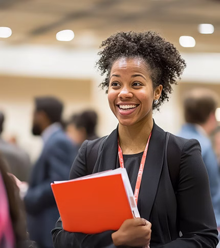 A smiling woman in business attire holds a red folder and wears a conference badge, standing at a bustling Career Expo with other attendees blurred in the background.