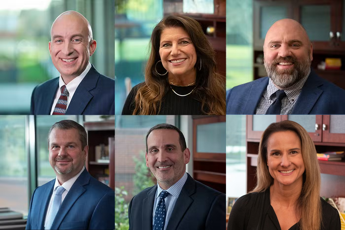 A collage of six professionally dressed adults—three men and three women—posed indoors in office settings, each smiling and looking at the camera.