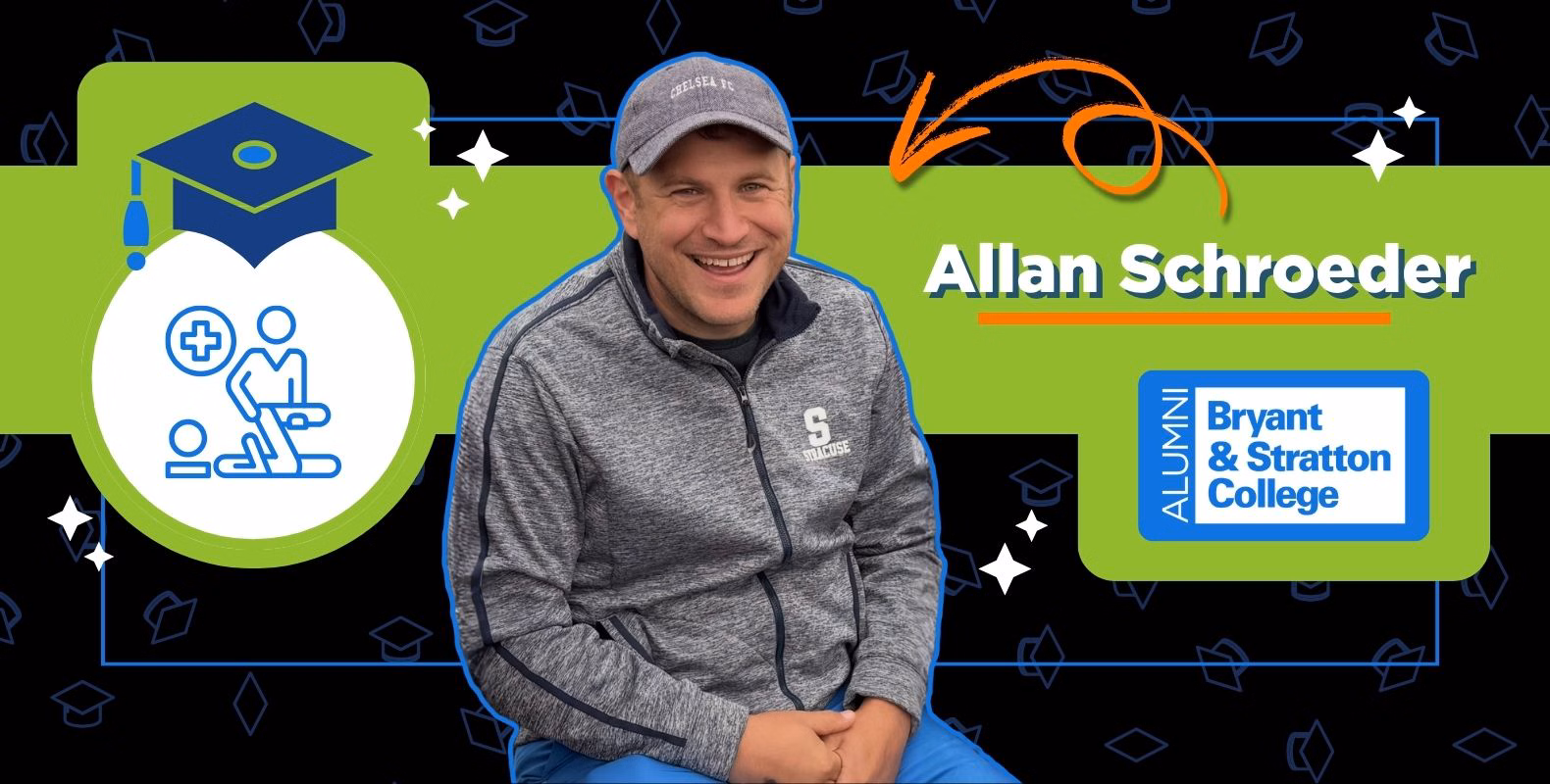 A man in a gray jacket and blue cap sits smiling. Next to him are icons, including a graduation cap, "Allan Schroeder," "ALUMNI," "Bryant & Stratton College," and symbols celebrating Occupational Therapy Month on a green and navy background.