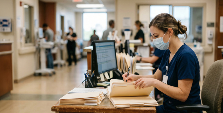 A healthcare worker wearing scrubs and a mask sits at a desk in a hospital, reviewing patient files near a computer. Other staff and patients are seen in the busy hallway in the background.