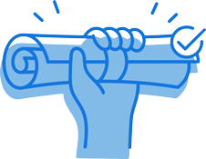 A blue line drawing of a hand holding a rolled-up document or diploma, with a check mark and accent lines indicating success in personal finance or achievement in financial literacy.