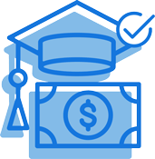 Blue line drawing of a graduation cap with a checkmark above a dollar bill, symbolizing approved or completed financial education funding or financial aid.