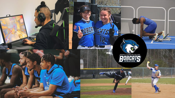 A collage shows Bobcats athletes: a gamer at a computer, two smiling softball players, a track athlete at the starting blocks, basketball players on the bench, a baseball pitcher and player, and the Bobcats Athletics logo in the center.