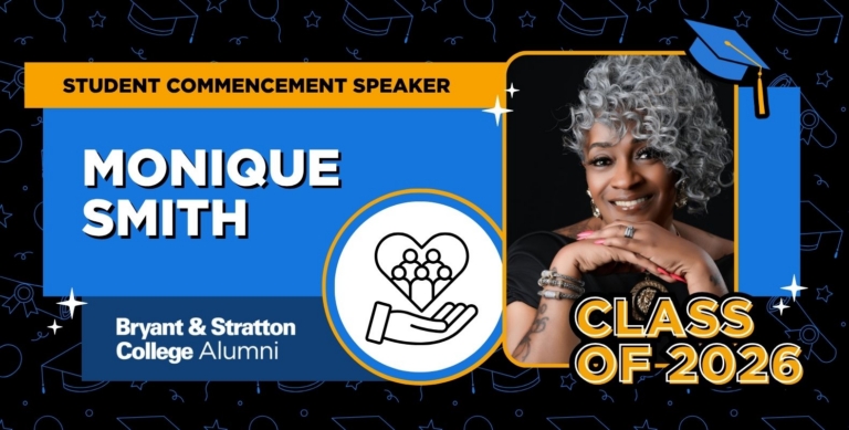 Announcement for Bryant & Stratton College Alumni featuring Student Commencement Speaker Monique Smith, a smiling woman with curly gray hair. Text says “Class of 2026.” Decorative icons and a graduation cap are included, highlighting her inspiring journey from Pain to Purpose.