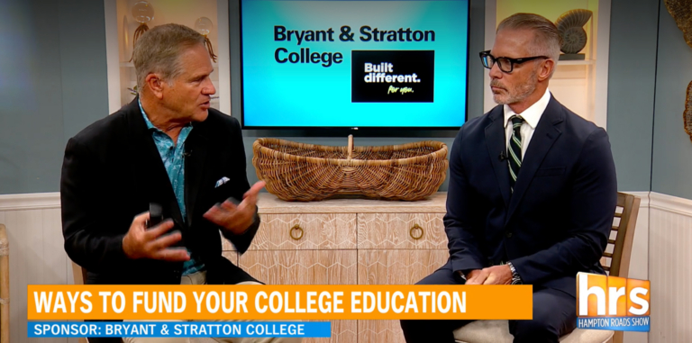 Two men sit and talk on a TV set with a “Bryant & Stratton College” screen behind them, highlighting their partnership. A banner at the bottom reads, “Ways to fund your college education.”.