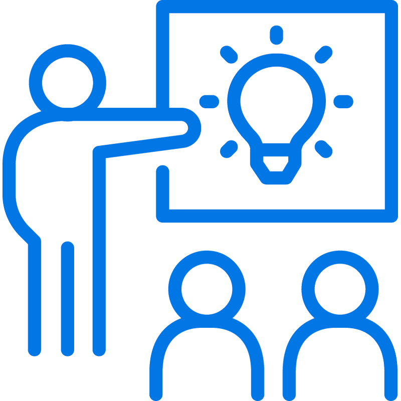 Blue line drawing of a person pointing to a board with a lightbulb icon, while two other people watch, suggesting a presentation or sharing an idea.