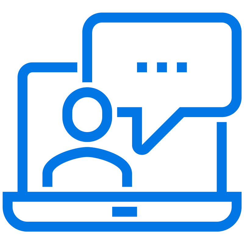 Blue outline icon of a person on a laptop screen with a speech bubble containing three dots, symbolizing online communication or virtual chat.