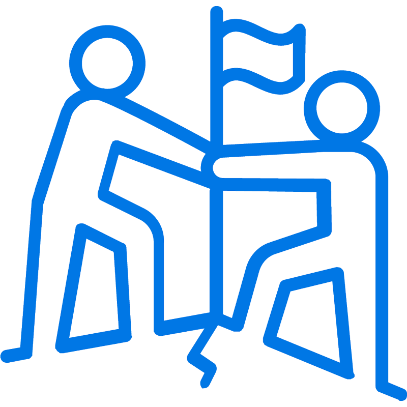 Two simplified human figures stand on separate mountain peaks, each holding a flagpole with a waving flag between them, symbolizing teamwork or reaching a shared goal together.